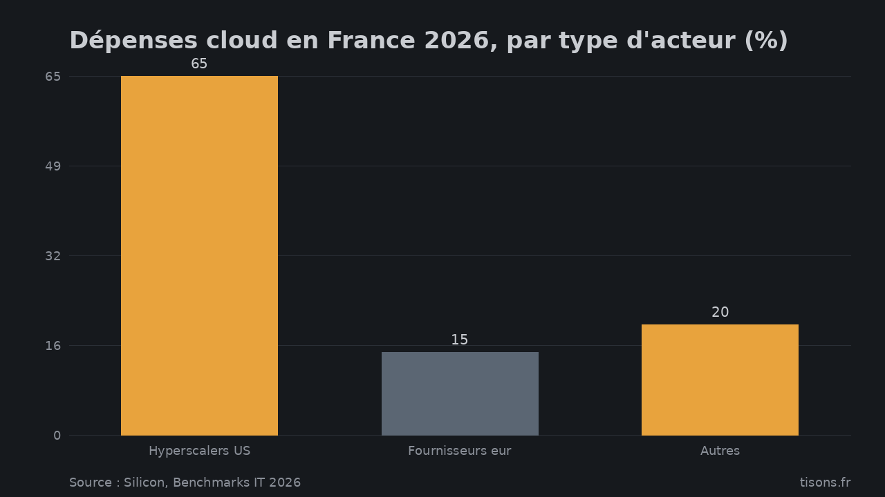 Dépenses cloud en France 2026, par type d'acteur (%) — Source : Silicon, Benchmarks IT 2026