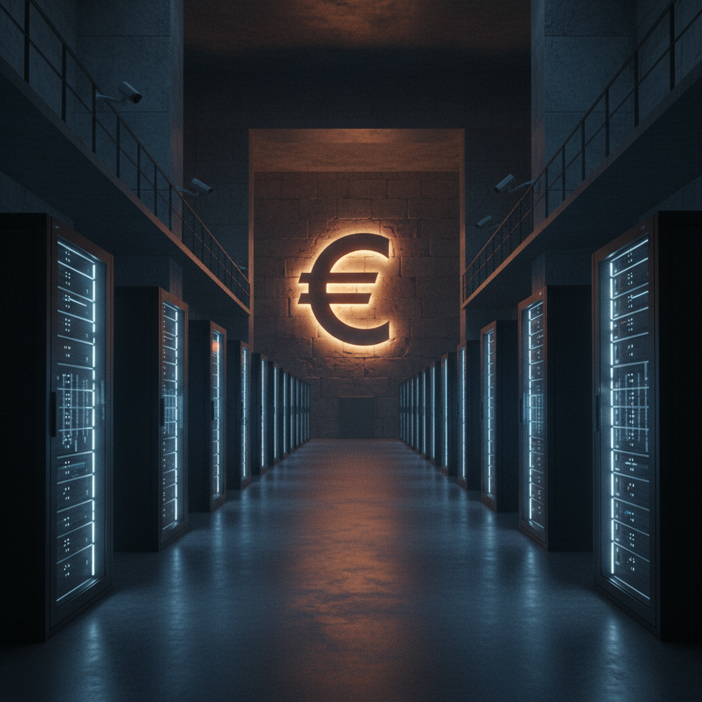 euro numérique BCE — couloir vide de banque centrale avec salle serveurs illuminée en bleu