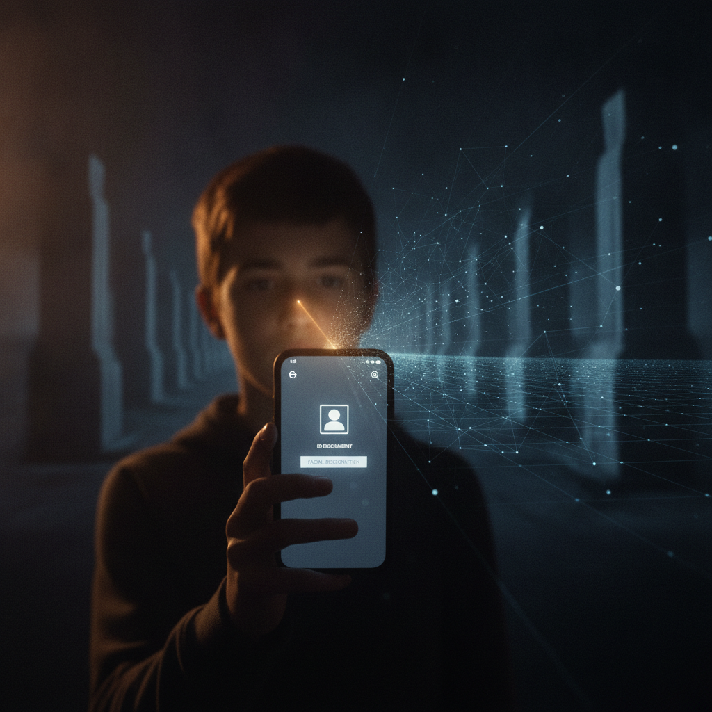 vérification d'âge sur les réseaux sociaux — un smartphone affichant un contrôle d'identité relié à une grille de donnée