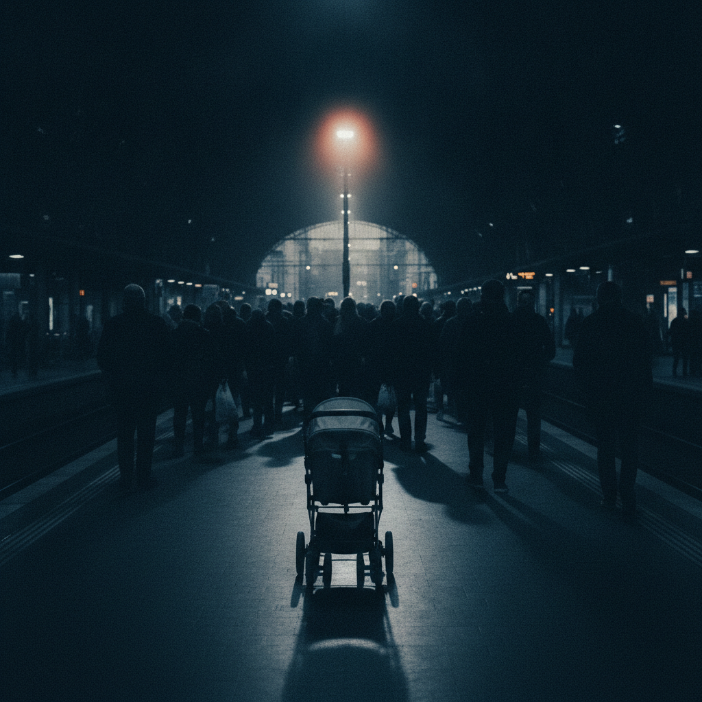 natalité europe — foule d'adultes sur un quai de gare, poussette vide au premier plan
