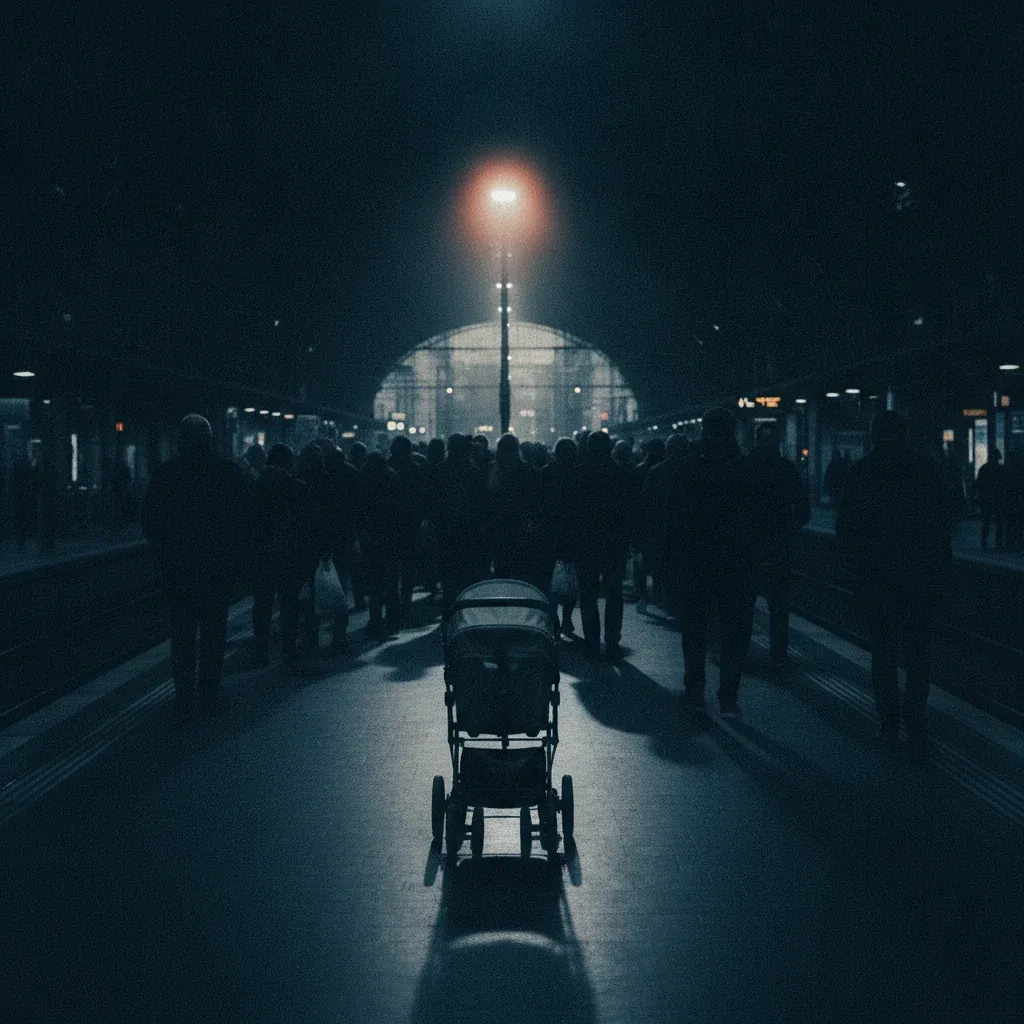 natalité europe — foule d'adultes sur un quai de gare, poussette vide au premier plan