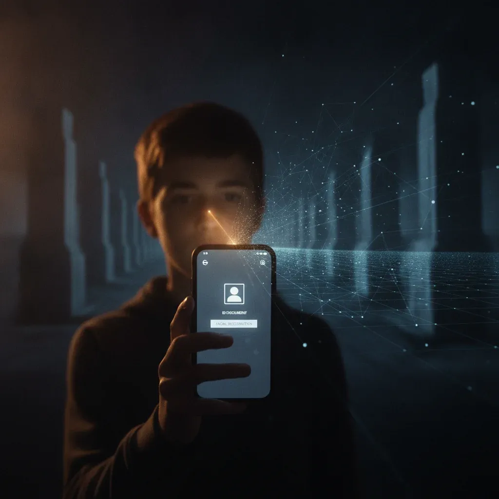 vérification d'âge sur les réseaux sociaux — un smartphone affichant un contrôle d'identité relié à une grille de donnée