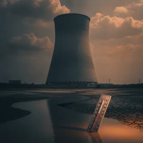 canicule centrale nucléaire — tour de refroidissement au bord d'un fleuve à sec sous la chaleur, thermomètre de rivière