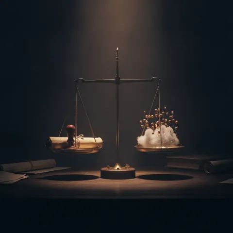 indice état-réseau — balance ancienne opposant un sceau administratif à un essaim de sphères incandescentes