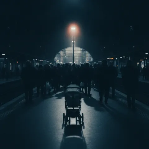 natalité europe — foule d'adultes sur un quai de gare, poussette vide au premier plan