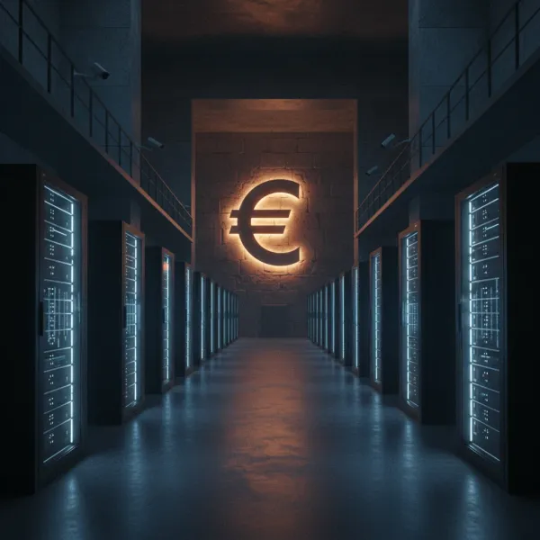 euro numérique BCE — couloir vide de banque centrale avec salle serveurs illuminée en bleu