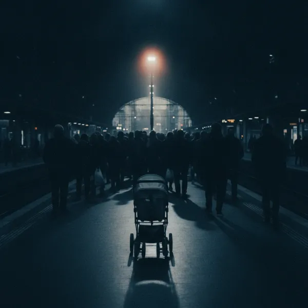 natalité europe — foule d'adultes sur un quai de gare, poussette vide au premier plan