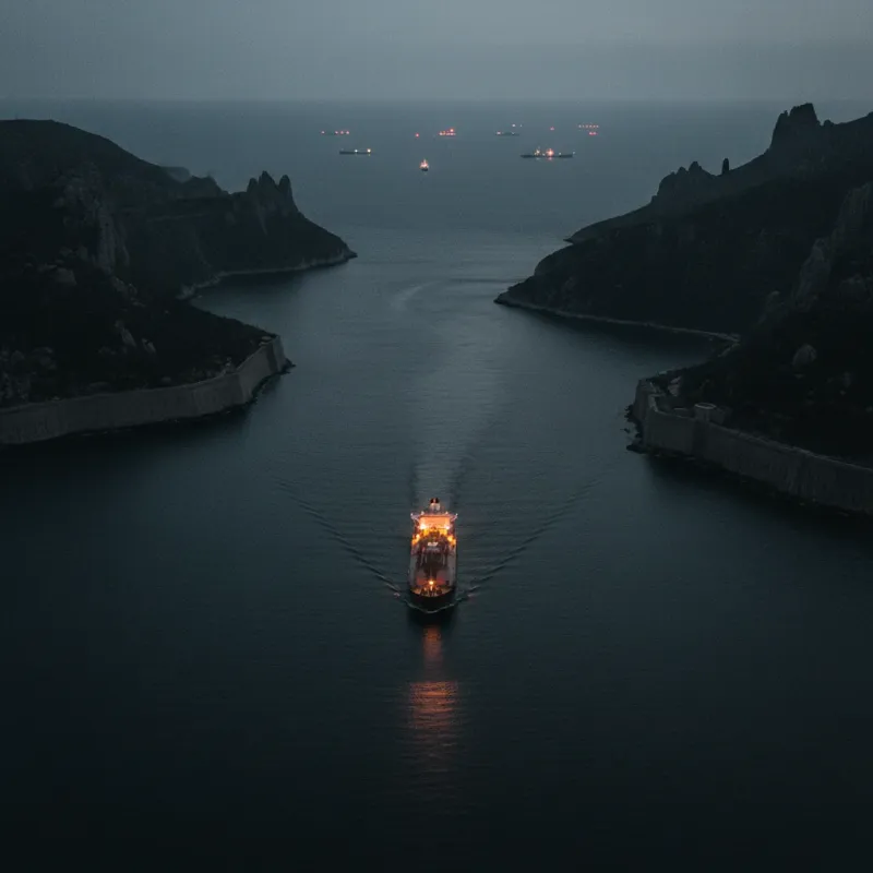Détroit d'Ormuz au crépuscule, supertankers en file dans le goulet maritime