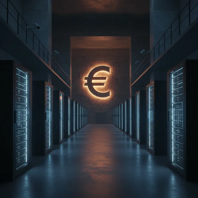 euro numérique BCE — couloir vide de banque centrale avec salle serveurs illuminée en bleu