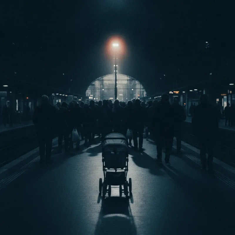 natalité europe — foule d'adultes sur un quai de gare, poussette vide au premier plan