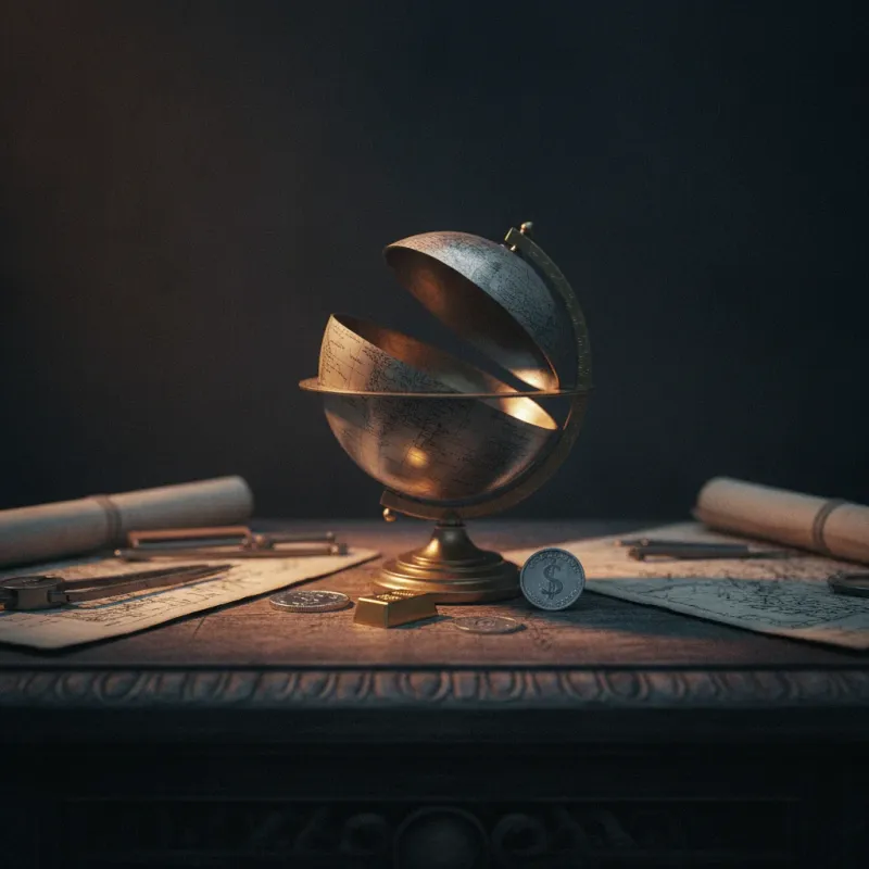 nouvel ordre mondial — globe ancien fissuré entouré de pièces monétaires, dollar, or et yuan