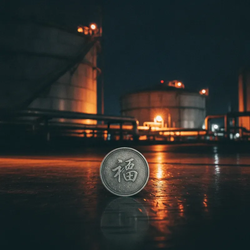 petroyuan 2026 — une pièce en yuan posée sur le quai d'un terminal pétrolier la nuit