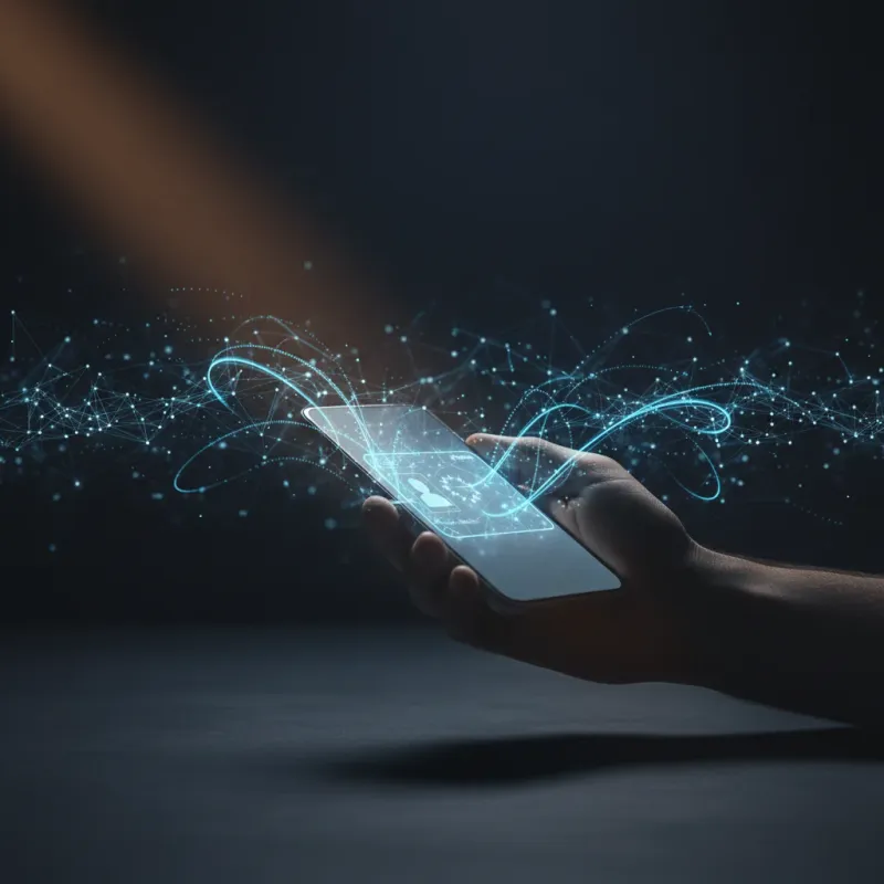 Portefeuille numérique européen EUDI affiché sur un smartphone, données s'échappant vers un réseau