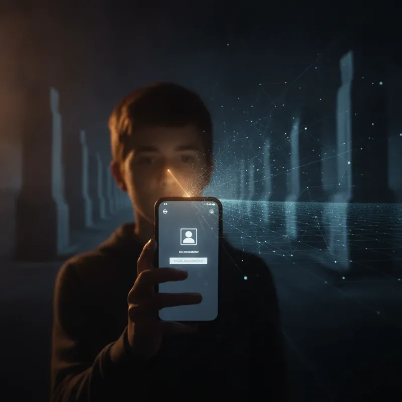 vérification d'âge sur les réseaux sociaux — un smartphone affichant un contrôle d'identité relié à une grille de donnée